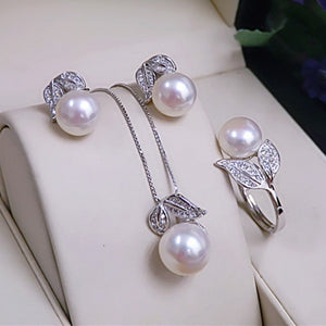 Pearl Earrings, Necklace. Pendant Ring Set on 925 Sterling Silver