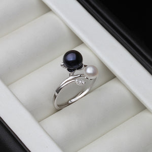 Natural Freshwater Double Pearl on Adjustable 925 Sterling Silver Ring