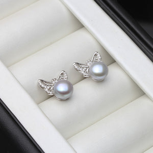 Butterfly 925 Sterling Silver and Natural Freshwater Cultured Pearl Earrings